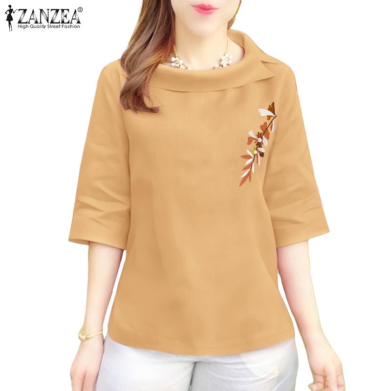 ZANZEA Women Summer O-neck Casual 3/4 Sleeve Floral Embroidery Blouse