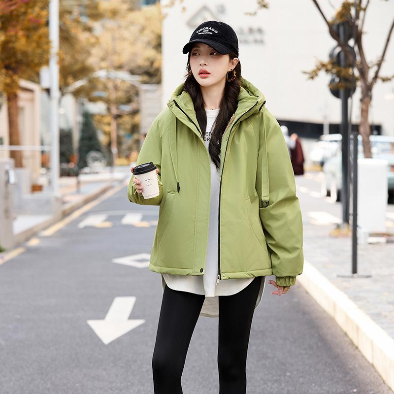 Damen Kapuzen-Pufferjacke Unifarben Reißverschluss Kordelzugbündchen Lockere Passform Warmer Baumwollwattierter Mantel