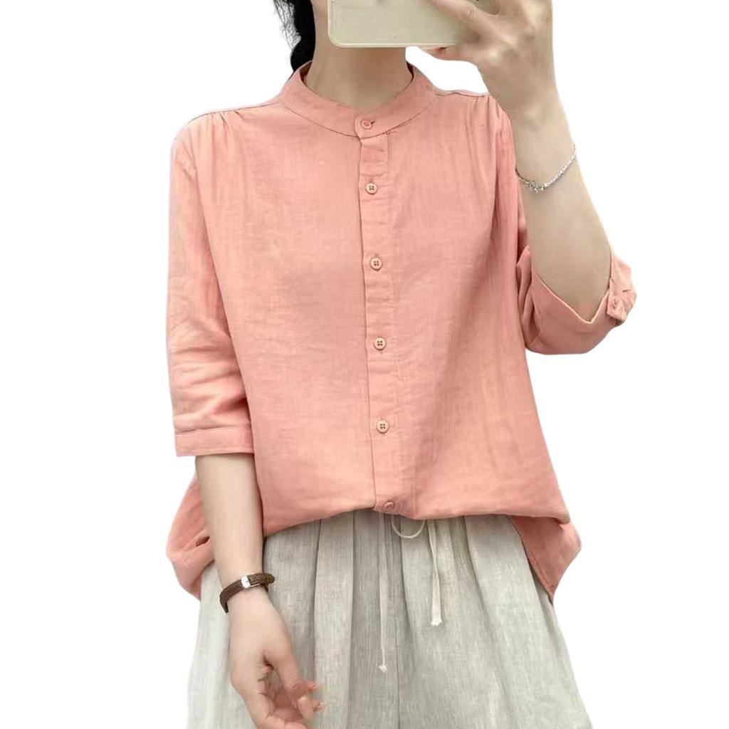 Women's Fashionable Casual Oversized Double-Layer Cotton Yarn Stand Collar Shirt With Mid-Length Sleeves In  Colour Top