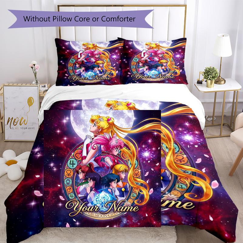 3pcs Custom Name Moonlit Adventure Printed Bedding Set Duvet Cover Closure Includes 1 Duvet Cover & 2 Pillowcases, Soft and Comfortable for All Season