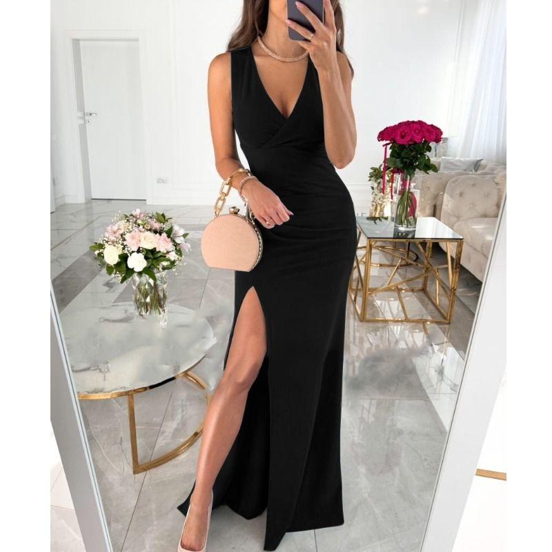 Dress V Neck Slim Fit High Slit Dress Vest