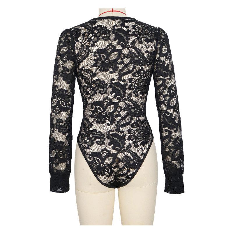 Spring Autumn Women's Jumpsuit Lace Sexy Black Long Sleeve Jumpsuit