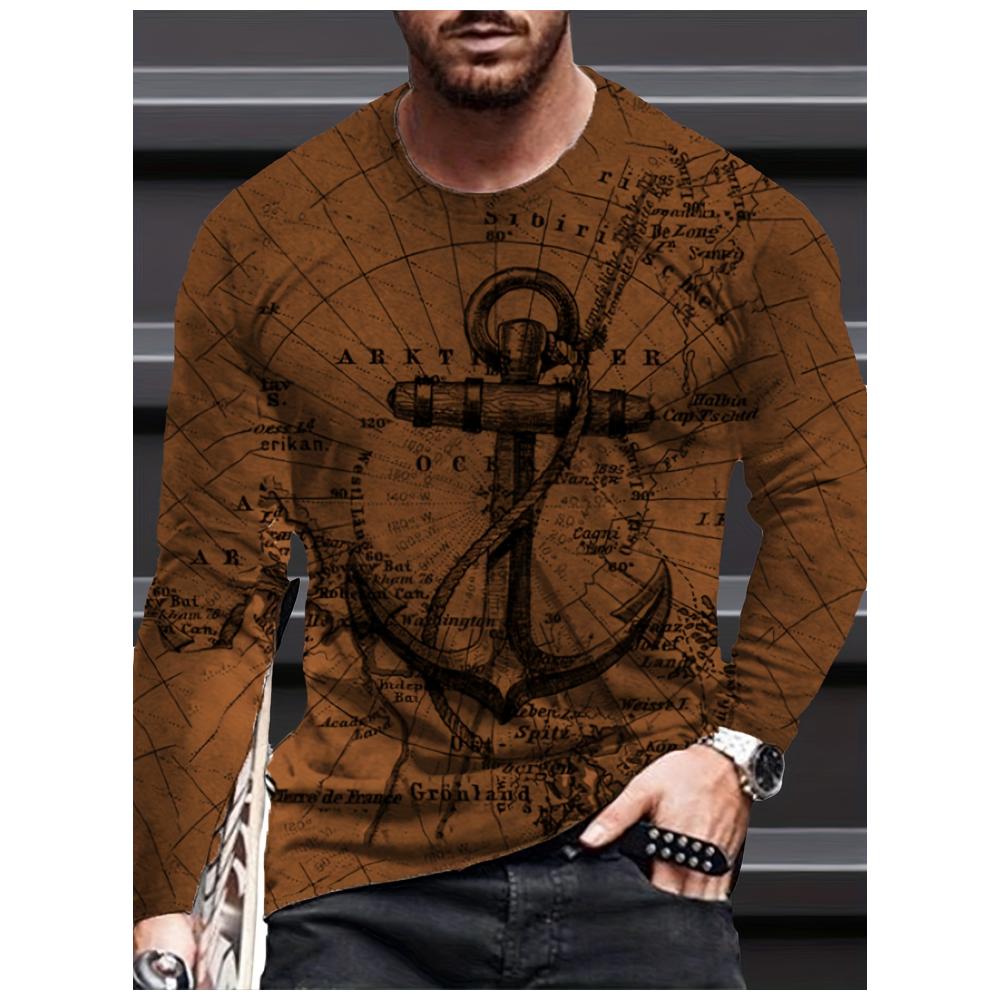 Camiseta de Manga Larga con Estampado 3D de Ancla y Brújula, Top de Primavera y Otoño para Hombre, Retro Street, Oversized, Cuello Redondo