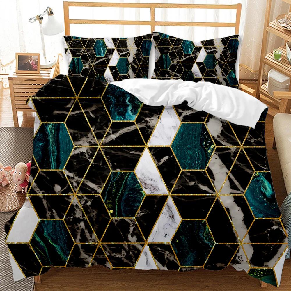 Marmor Dynetrekksett Svart Hvit Gull Abstrakt Marmortekstur Trykt Svart Hvit Dobbel Queen King Size Polyester Sengetøysett