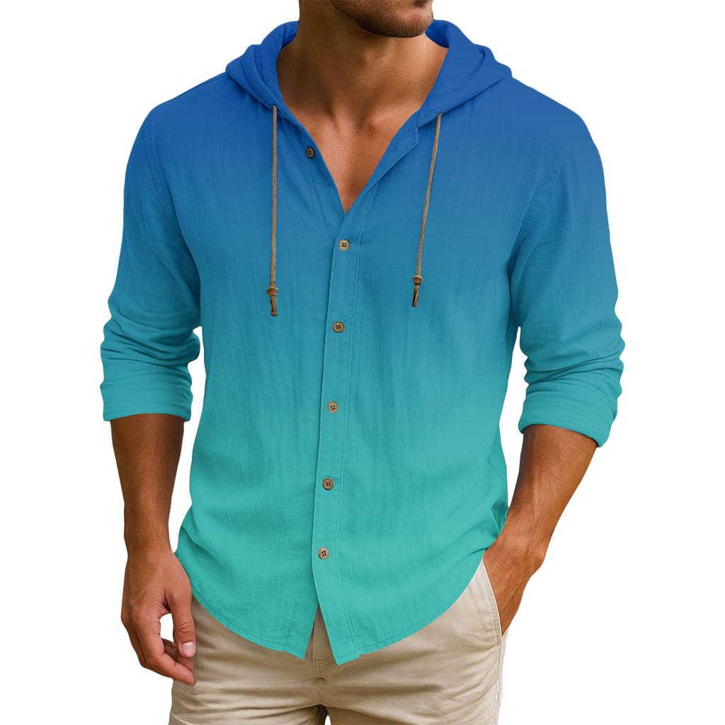 Men's Hooded T-shirt Gradient Color Cotton And Linen Men's Casual Long-sleeved Top
