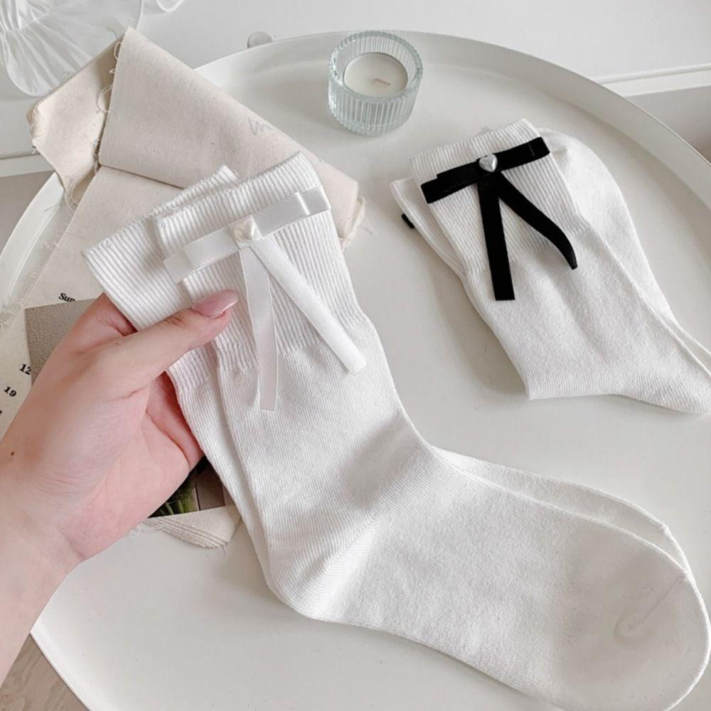 Pearl Womens Cotton Socks Calf Ribbon Socks Breathable Balletcore Sock  Lolita