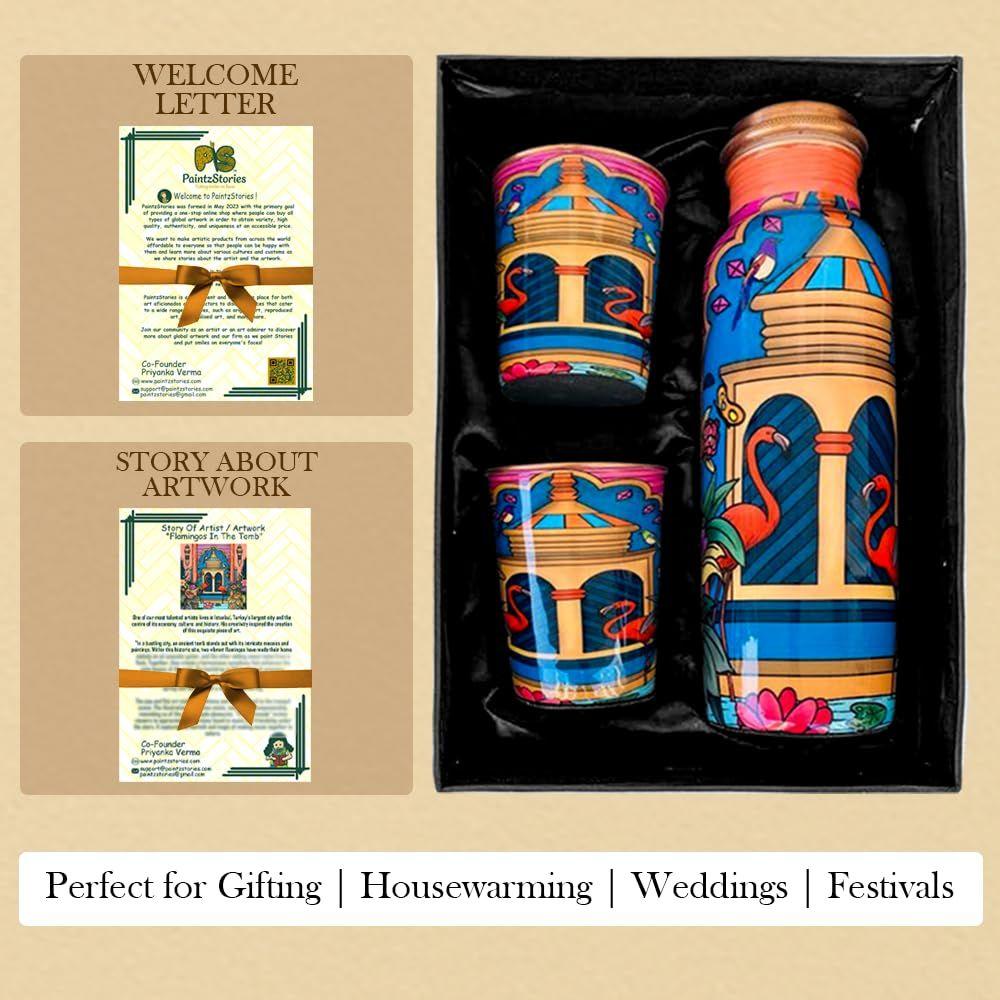 Embracing Rainy Delight Meena Print Copper Water Bottle Set | Handcrafted Tamba Bottle with 2 Glasses | Premium Copper Water Bottle