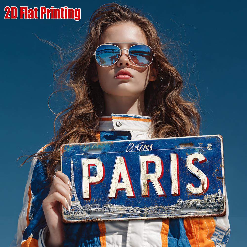 Paris Metal License Plate - Vintage French Cityscape Design, Blue Background - Heavy-Duty Aluminum Wall Decor