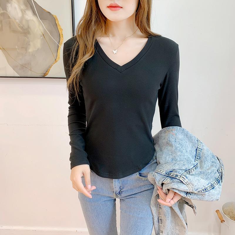 Women's V-Neck Long Sleeve Base Layer Top Double-Sided Fleece Slim Fit Inner Wear Shirt