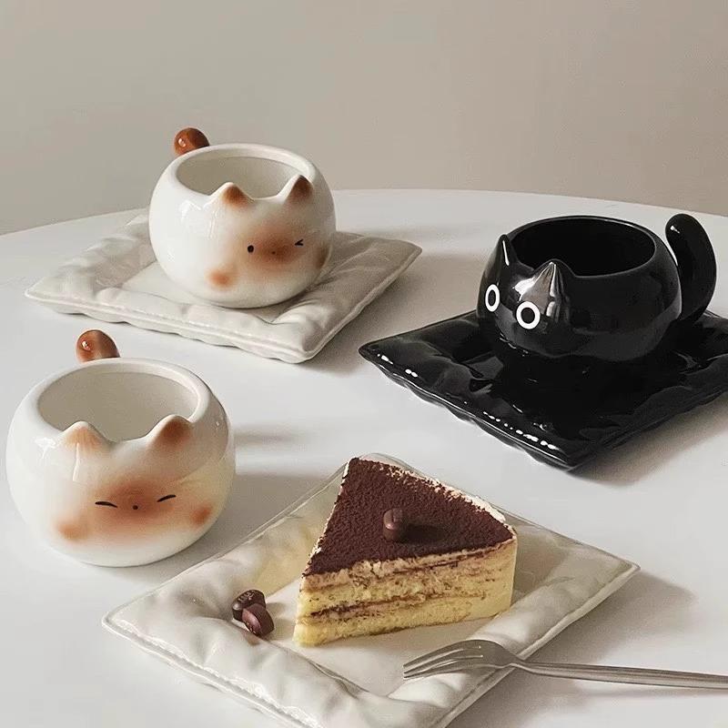 1Pieces Ceramic Mug Cartoon Siamese Cat Coffee Cup Underglaze Colored Cat Water Cup Breakfast Milk Cup Outdoor Tableware