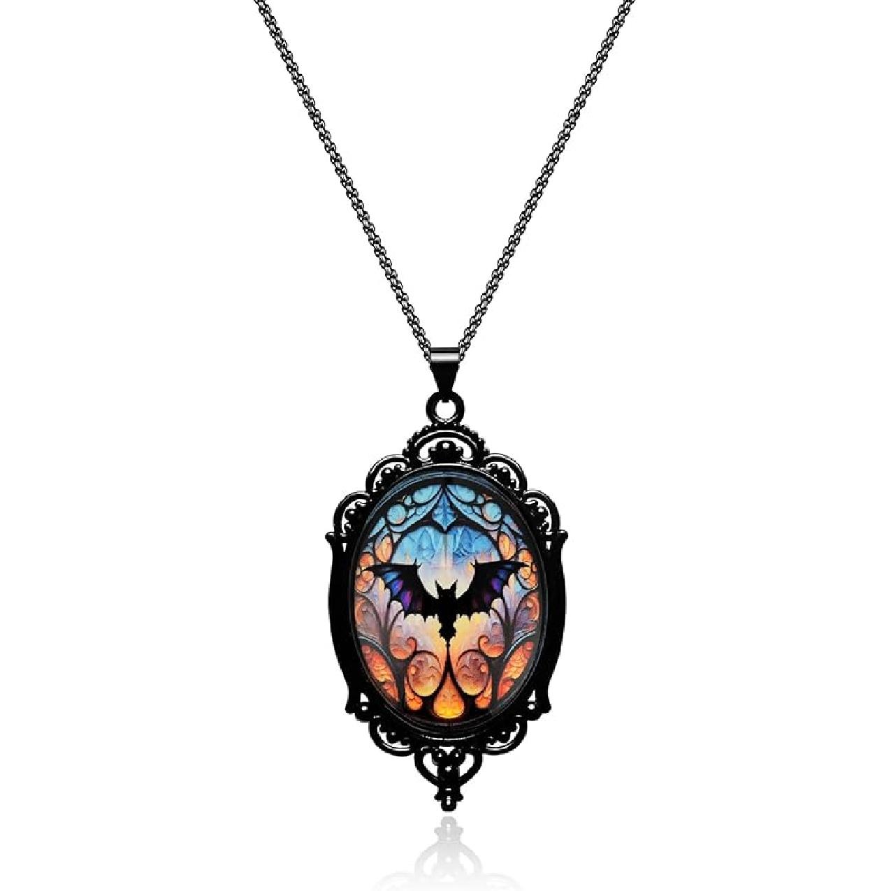 Gothic Necklace, Witch Raven Locket Necklace as Goth Accessories for Witch Costume Jewelry for Women, Bat Pendant Rose Vampire Jewelry as Valentines Gothic Bat