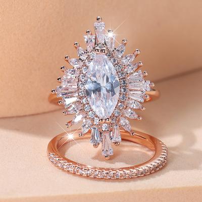 Rose Gold Color Marquise Cut Zircon Finger Ring Sets Party Wedding Band Rings for Women Men Engagement Jewelry Gift