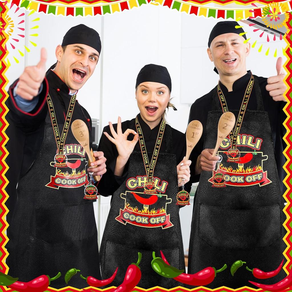 Quelay 12 Pcs Chili Cook Off Prizes Include 3 Cook Off Trophy 3 Wooden 1st 2nd 3rd Engraved Spoon 3 Kitchen Cooking Aprons 3 Chili Keyring for Men