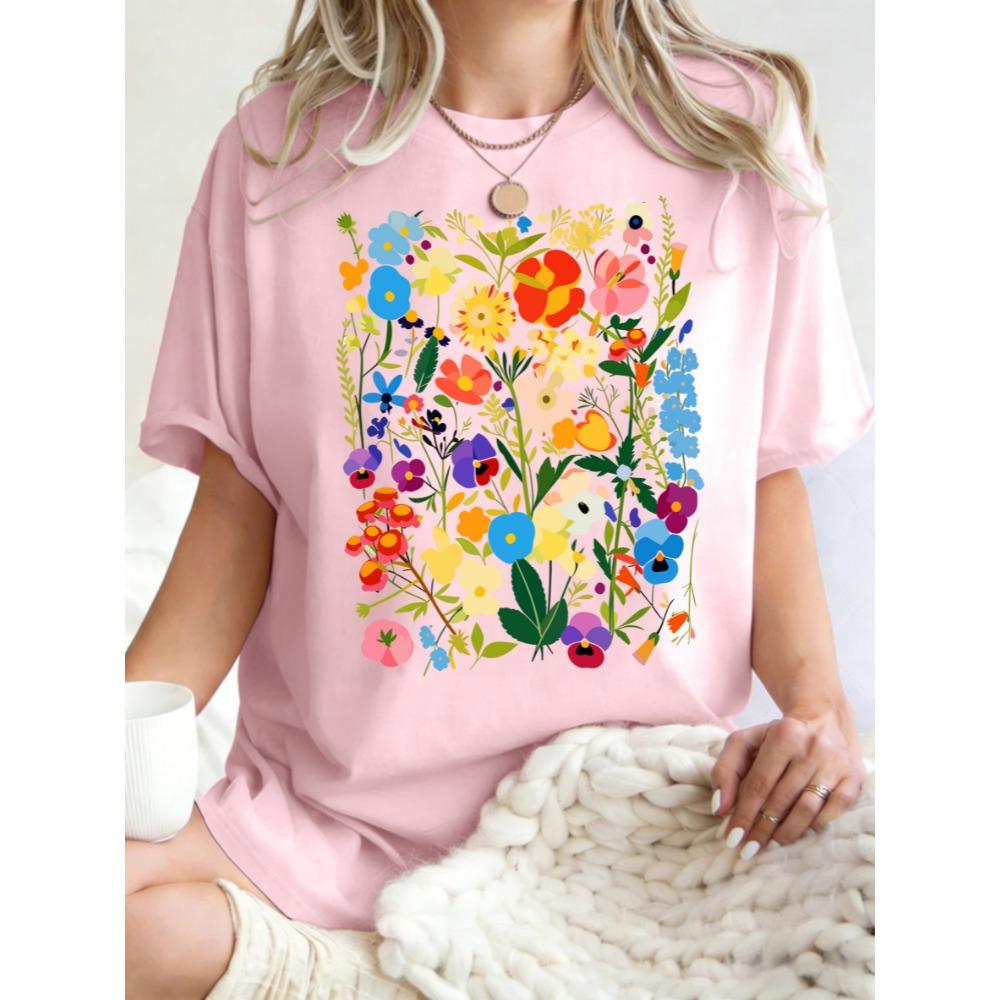 Bohemian Colorful Flowers Design Women T-Shirt Casual Y2K Short Sleeves All-Match Cotton T Shirt Oversized Summer