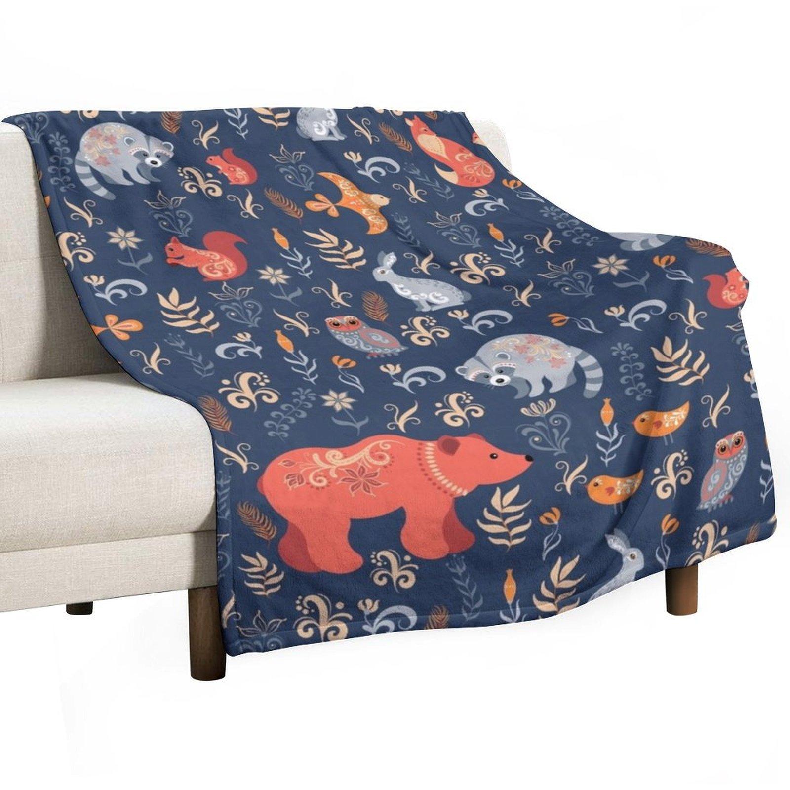 

Fairy-tale forest. Fox, bear, raccoon, owls, rabbits, flowers and herbs on a blue background. Throw Blanket 30x40in