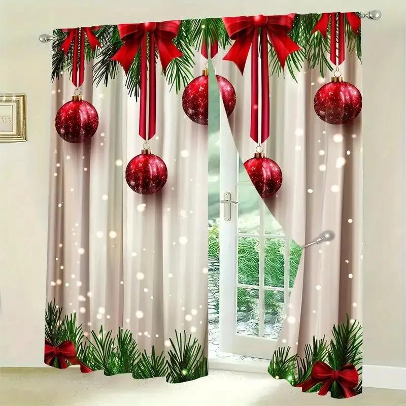 

Christmas Golden Ball Holly Leaf Pattern Printed Curtains Pole Bag Home Decoration Room Curtain Set Of 2 Made Polyester Washable W100*H70(CM)-Rod Pocket&2PCS