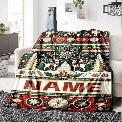 Festive Christmas Deer And Trees With Ornate Patterns Multipurpose Customizable Blanket Customize Your Name Comfortable For Sofa Couch Office Bed