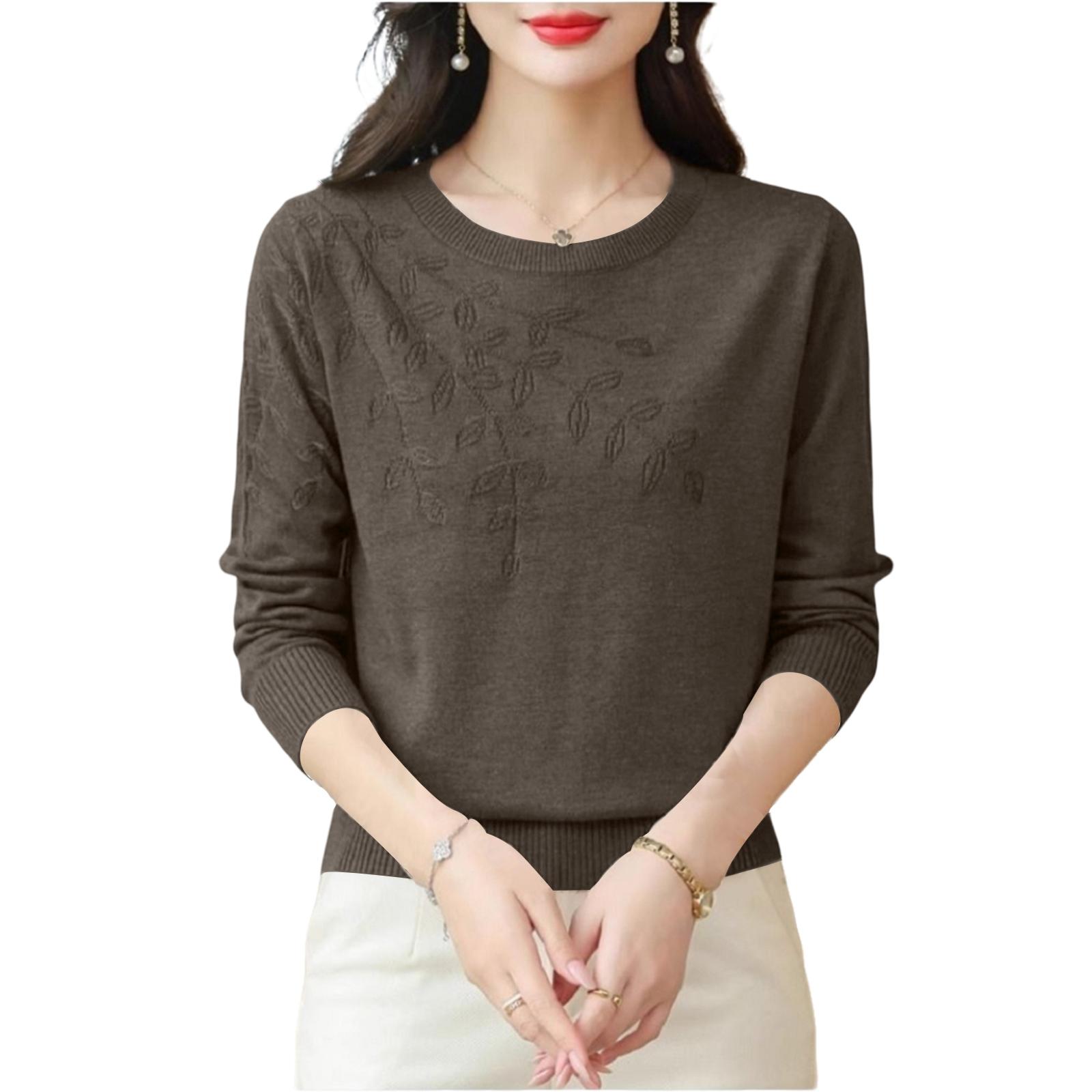 

Women s Embroidered Round Neck Bottoming Top Fashionable And Stylish Long-sleeved Age-reducing Solid Color Sweater One Size кофейный