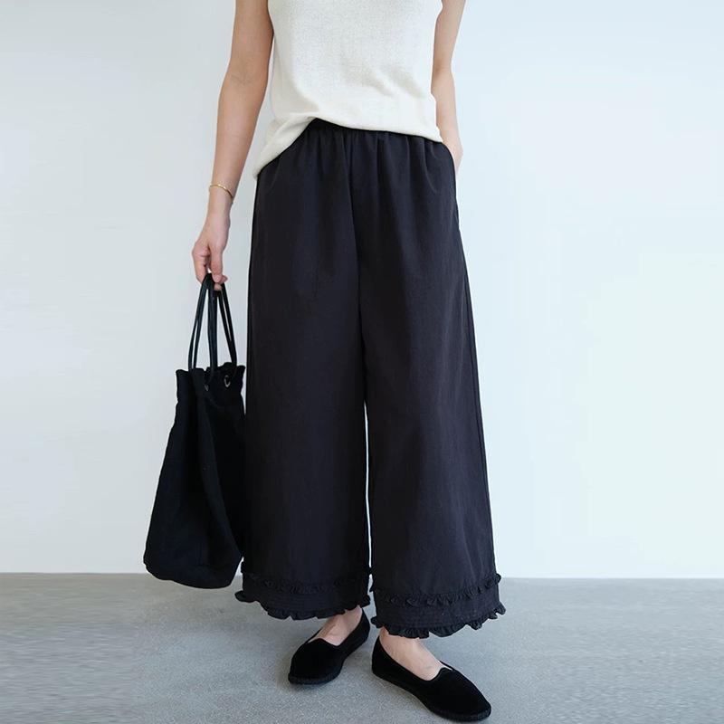 

2026 New Elastic Waist Lace Loose Cropped Pants for Women, Casual Versatile Solid Color Trousers 2XL чорний