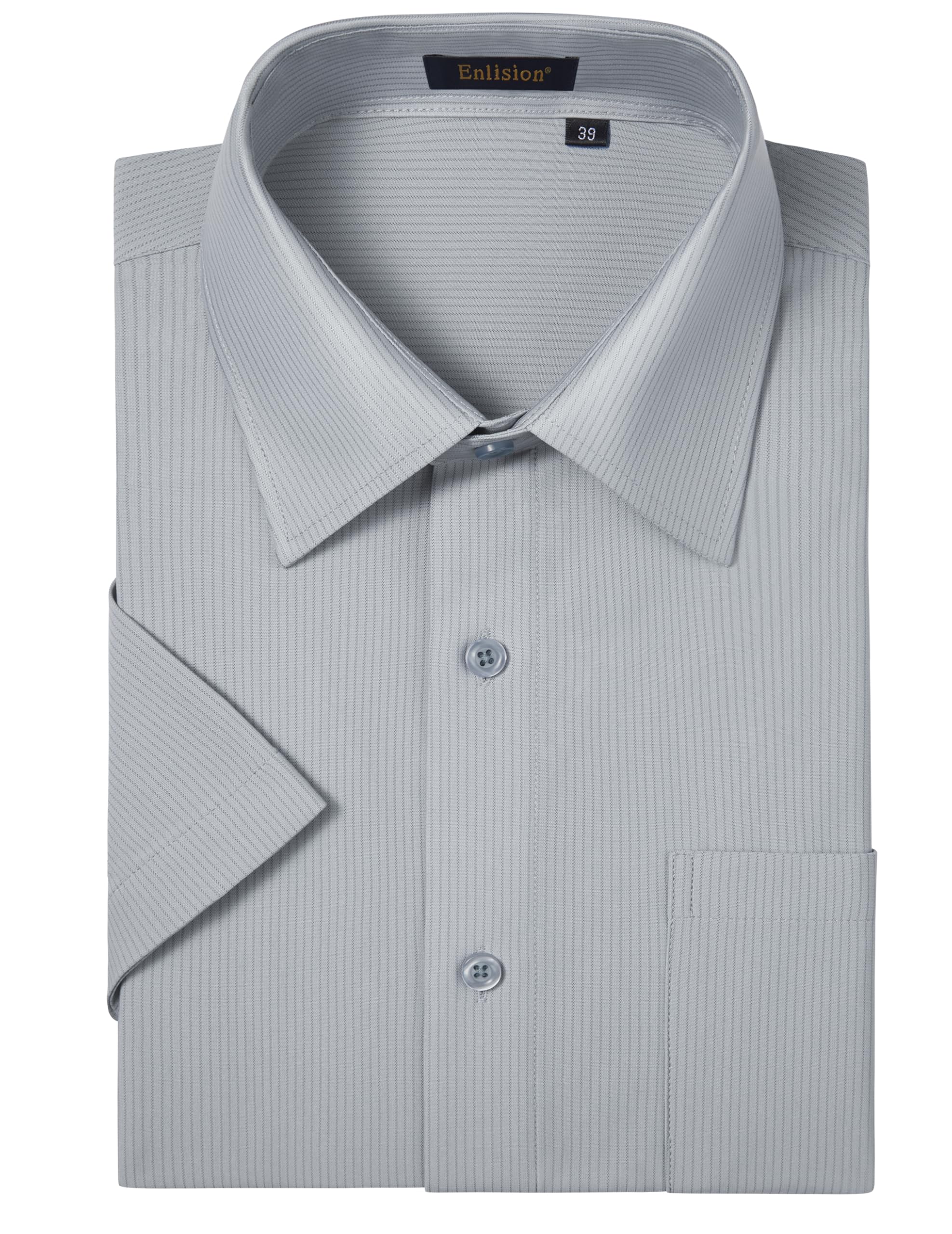 

[Enlision] Men s Short-Sleeve Dress Shirt, Completely Iron-Free, Gray, Stretch, Highly Breathable, Quick-Drying, Regular Fit, Business/Commuting, Neck