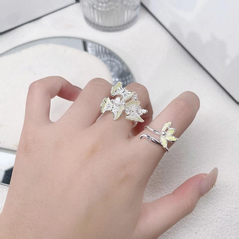 Small Fresh And Cool Enamel Dripping Oil Flower Butterfly Diamond Ring Niche Design Unique High-End Ring Woman