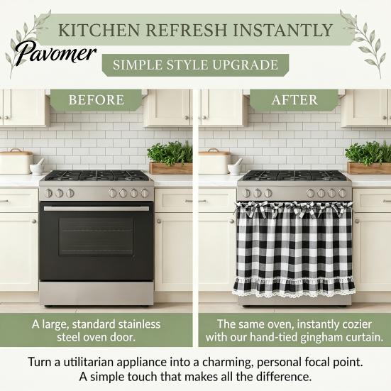 Window Valance with Lace Trim Buffalo Check Valance, Ruffled Curtain And Bows, Small Valances Light Filtering Rod Pocket for Kitchen Living