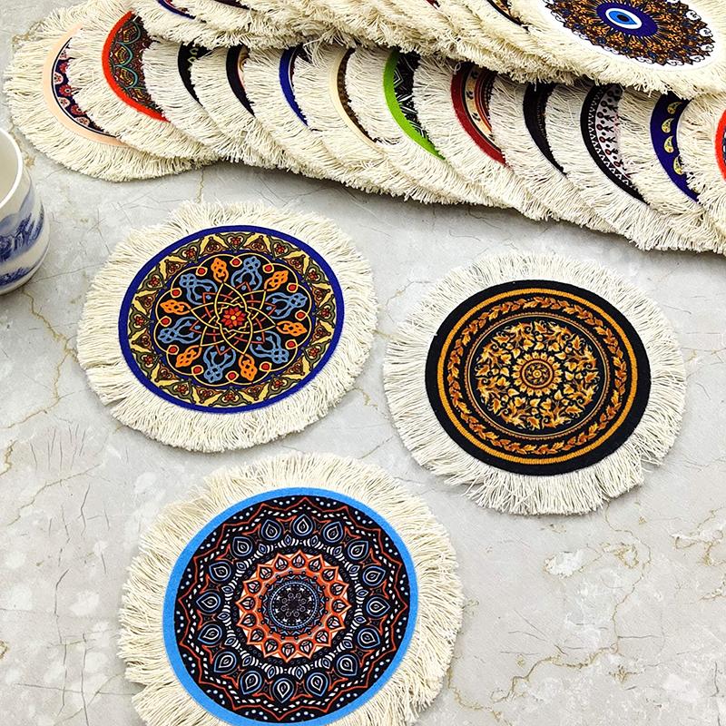 1PC Multi-Use Heat-Resistant Coaster Artisanal Round Durable Mat Non-Slip Ethnic Style Bohemian Coffee Washable 10cm