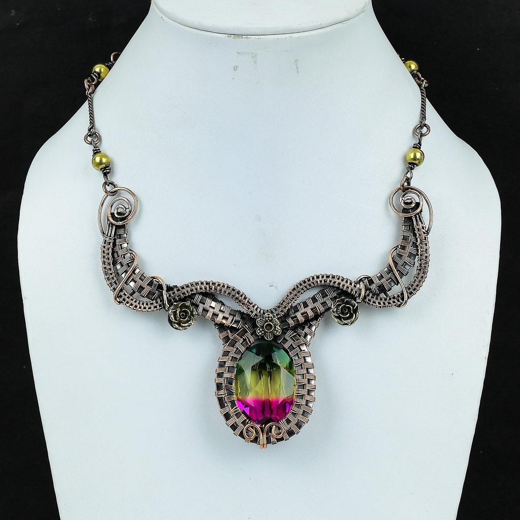 Zweifarbige Turmalin-Halskette Schmuck, 999 Kupferdraht umwickelte Edelstein-Halskette Handgefertigter Schmuck, Für den Gedenktag