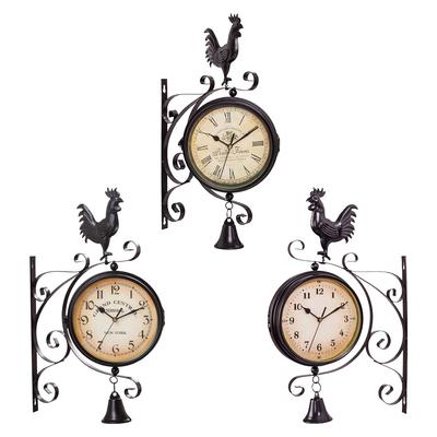 Double Sided Wall Clock Garden Porch Wall Hanging Retro Station Clock Home Decor Outdoor Two Faces Antique Round Silent Clock