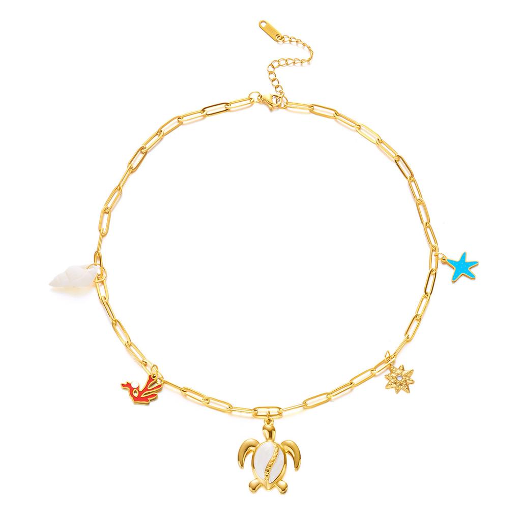 Trendy Stainless Steel Gold Plated Charm Necklace with Heart Pearl Pepper Conch Ceramic Pendant Necklace for Women Collares Chokers Jewelry