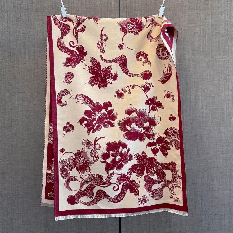 Autumn and winter new peony flower print scarf women's retro contrasting color imitation cashmere thickened warm fringed shawl