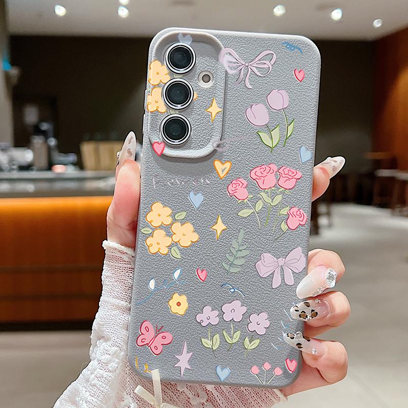 Cartoon Floral Bowknot Print Slim Phone Case For Samsung S25 S24 FE S23 Ultra A36 A56 A16 A55 A26 A35 Leather Texture TPU Soft Shockproof Matte Cover