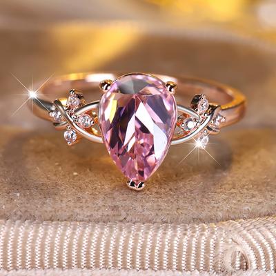 Elegante birnenförmige Wassertropfen-Ringe mit rosa Zirkonia für Frauen in Roségold, Verlobungsring, Hochzeitsschmuck