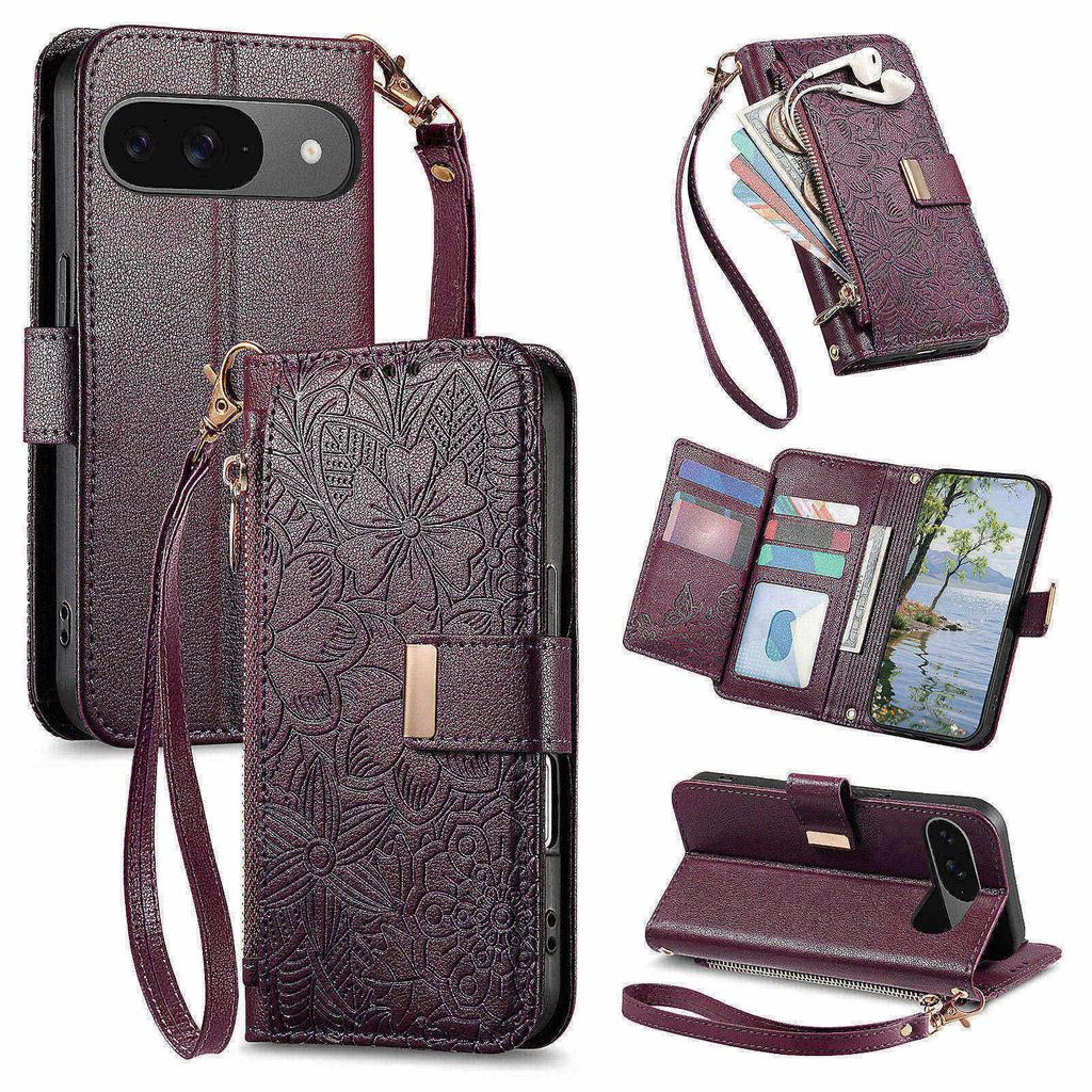 Phone Case For Google Pixel 9 Pro  / 9 Floral Leaf Pattern Multi Card Slots Zipper Leather Phone Cover with Wrist Strap