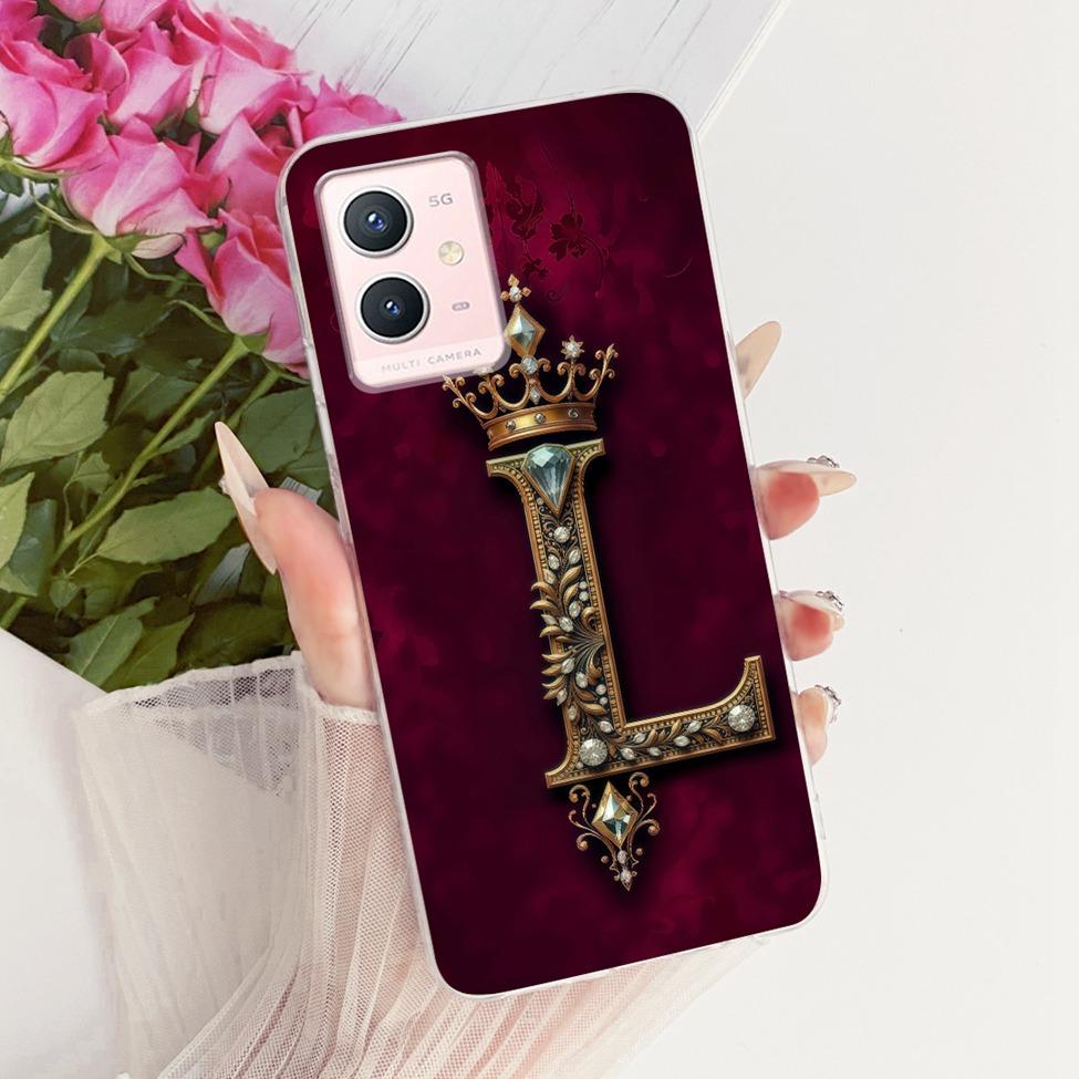 For Vivo Y33s 5G Case Cover Transparent Luxury Crown A-Z Letters 2D Flat Pattern Soft Phone Case For Vivo V2166A