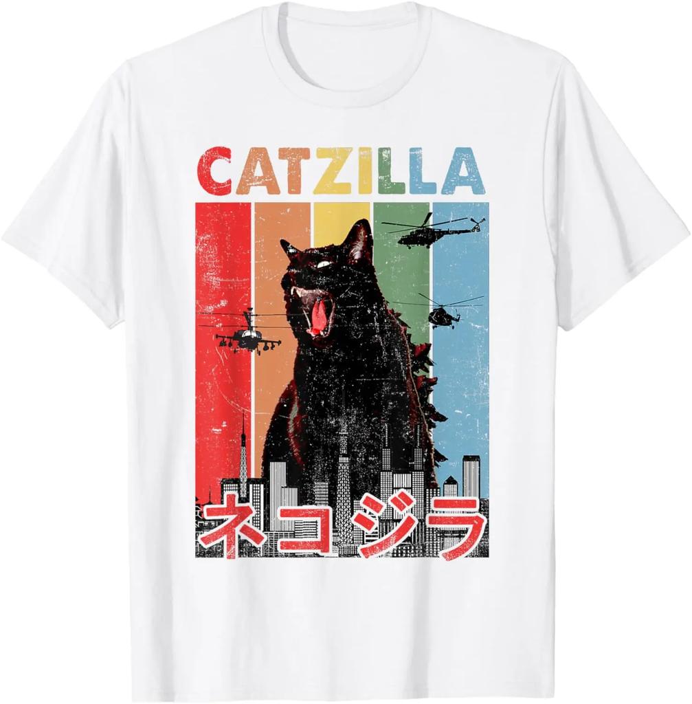 Funny Cartoon Comic Style Japanese Art Catzilla Cat Gifts for Women TShirt Unisex Cotton Oneck Tee Top Fashion Fitness T Shirt