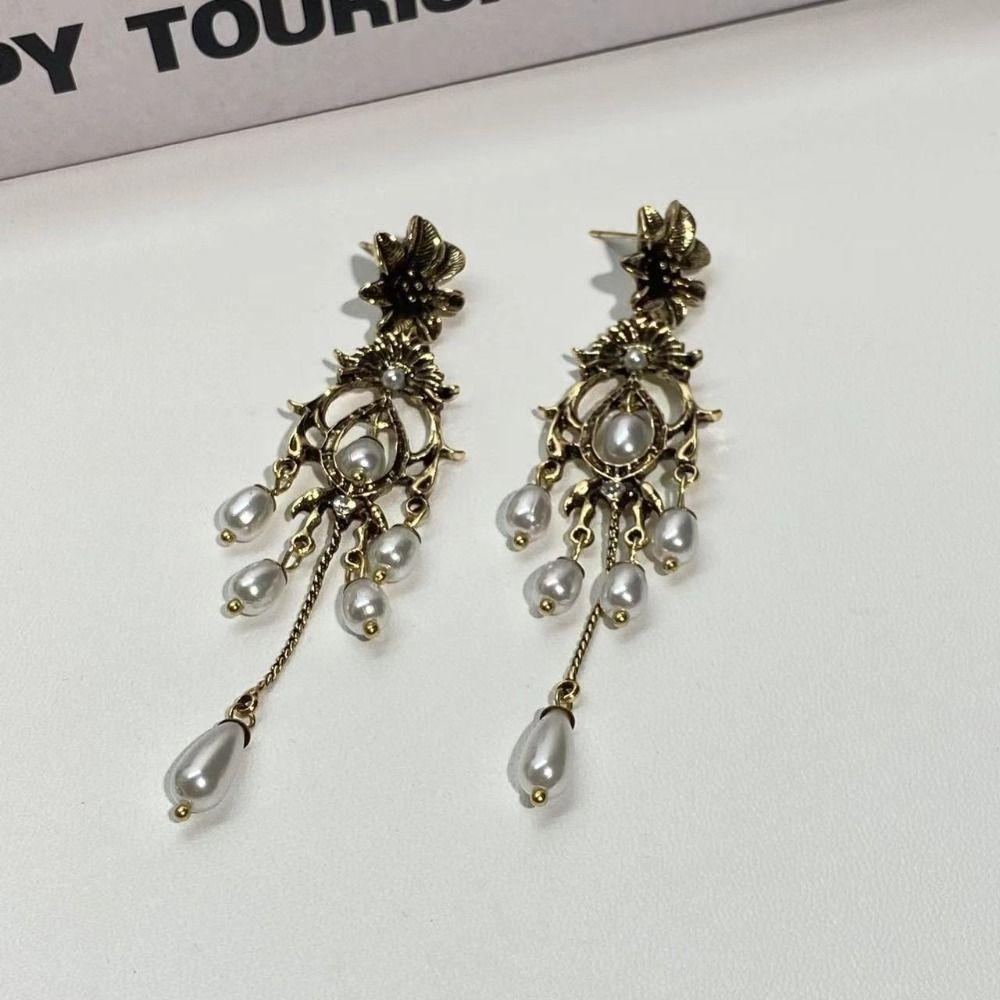 Waterdrop Shape Pearl Drop Earrings Bronze Flower Stud Earrings Vintage Metal Earrings  Party