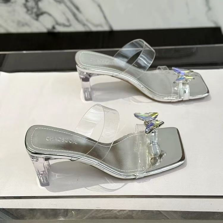 Lazy half slippers 2025 summer French transparent design butterfly rhinestone light luxury texture thick heel height and thinness