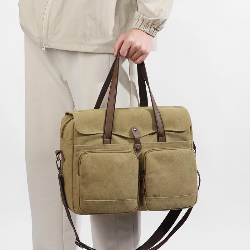 Commuter Handbag Multi-Pocket Men's Bag Large Capacity Crossbody Briefcase Solid Color Canvas Shoulder Bag