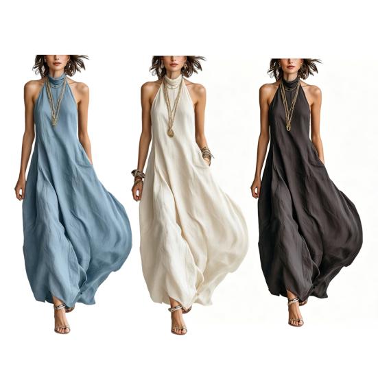 Women Summer Halter Neck Maxi Dress Casual Sleeveless A-line Long Dress Casual Beach Vacation Flowy Sundress