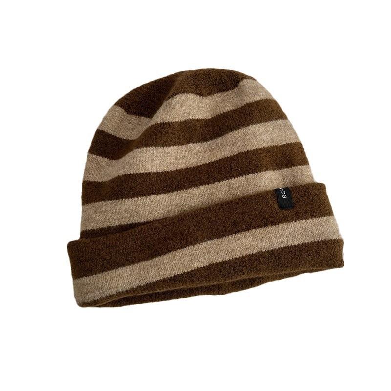 Striped letter sewn label roll brim casual retro fashion versatile street wool hat stack hat