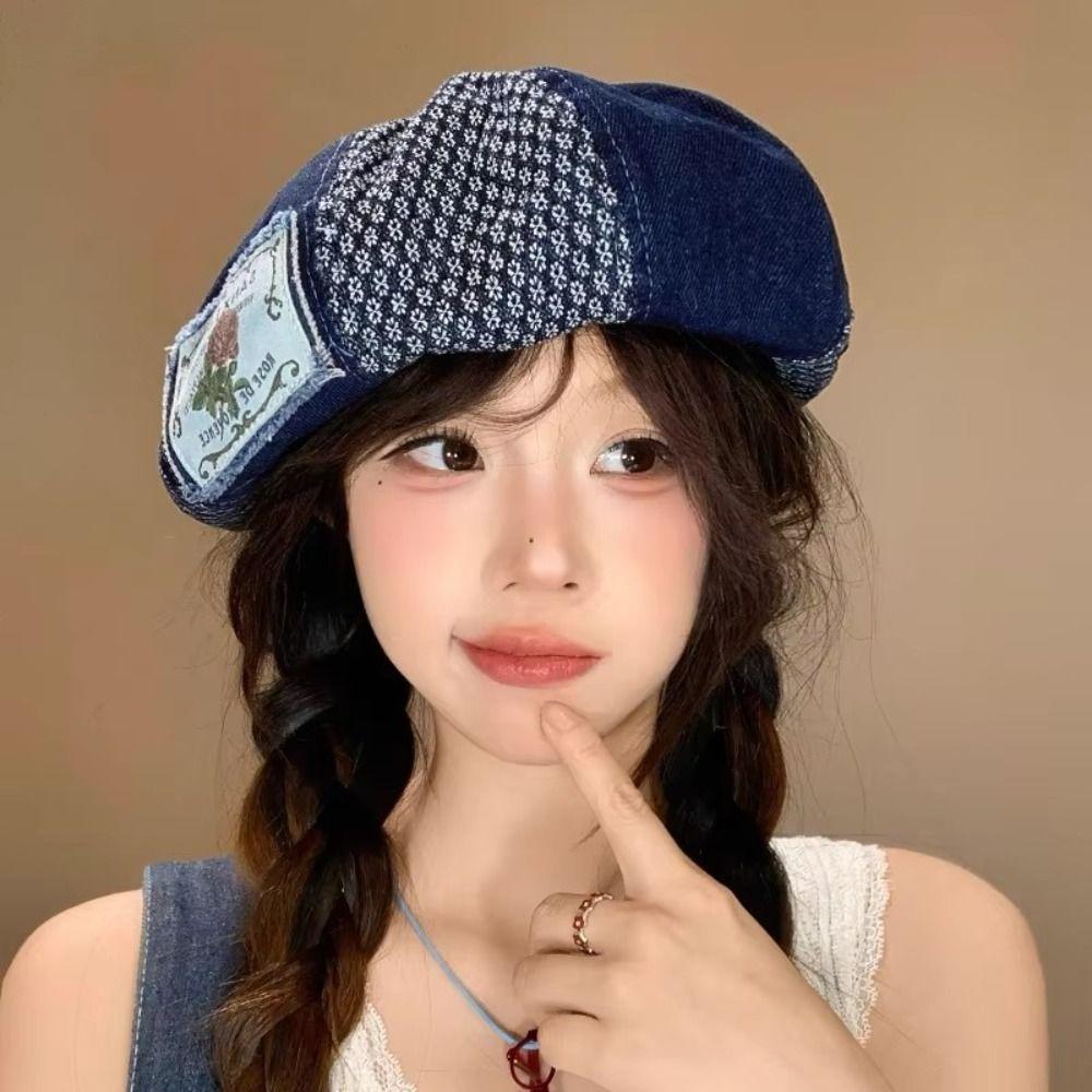 Korean Patch Splicing Beret Vintage Painter Cap Casual Denim Berets  Summer and Autumn