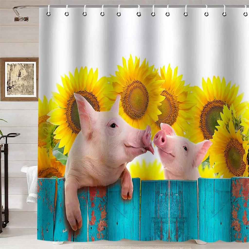 Pink Pig Shower Curtain, Lovely Animal Piggy Bath Curtain Western Animals Bathroom Decor Romantic Rose Flowers Bathroom Curtain