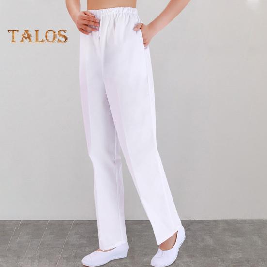 Letnie spodnie pielęgniarskie Średni stan, elastyczny pas, szerokie nogawki, długie spodnie, Jednokolorowe kieszenie, Damskie spodnie robocze