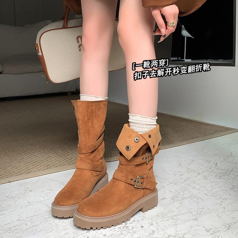 Inner Heightening Retro Martin Boots Thick-Soled Leather Two-Wear Piled Piling Boots Medium Tube Thin Boots Women'S Winter