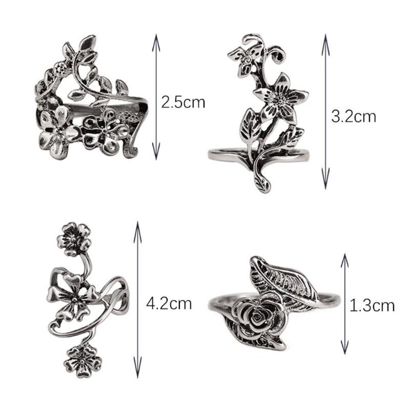 4Pcs Women Vintage Stereo Flower Leaves Midi Finger Knuckle Rings Set Jewelry