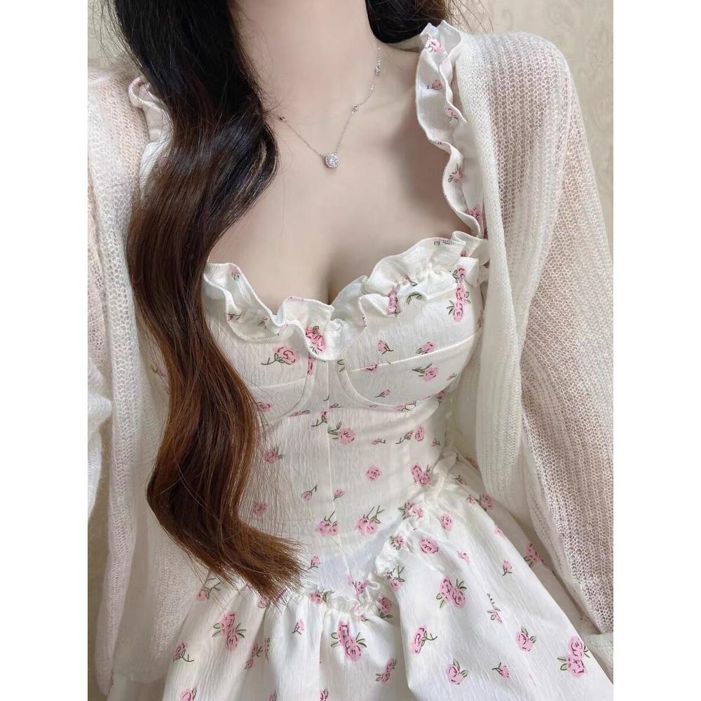 Small Woman Summer Waist Thin Puffy Short Skirt Lace Lace Splicing Floral Suspender Dress