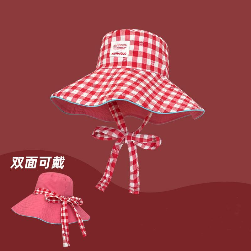 Double-sided Plaid Fisherman's Hat Children's Summer Thin UV-proof Foldable Large Brim Sunshade Sun Hat