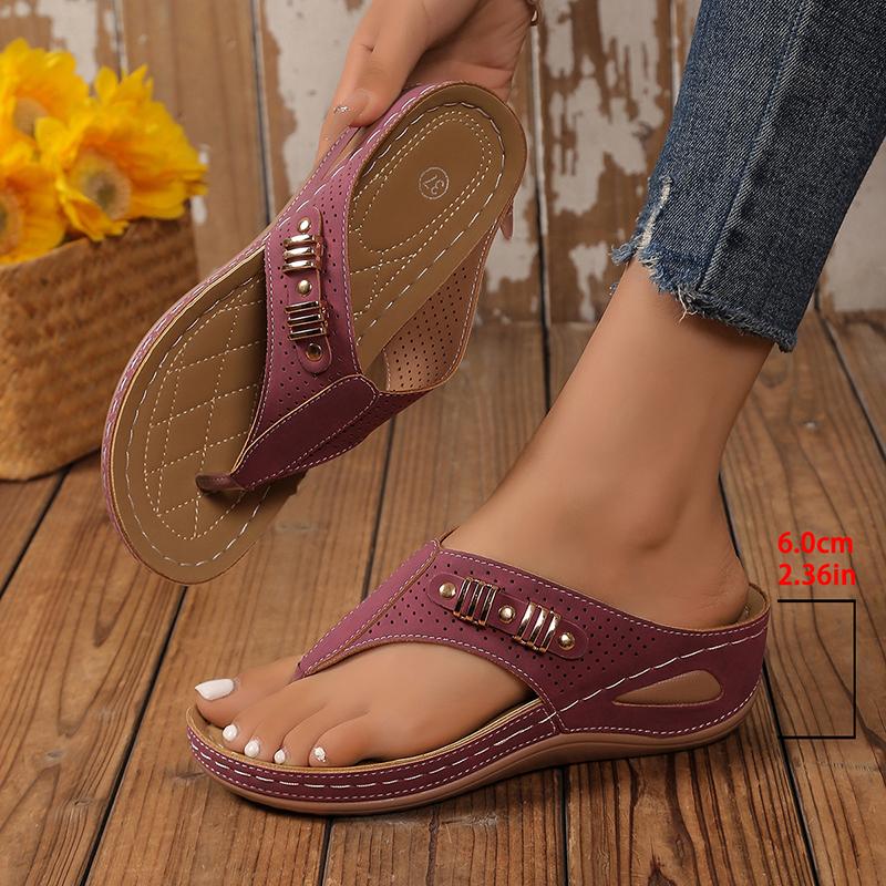 Vintage Wedge Flip Flops for Women 2025 Metal Decor Clip Toe Thick Sole Sandals Woman Lightweight Non Slip Casual Sandles 43