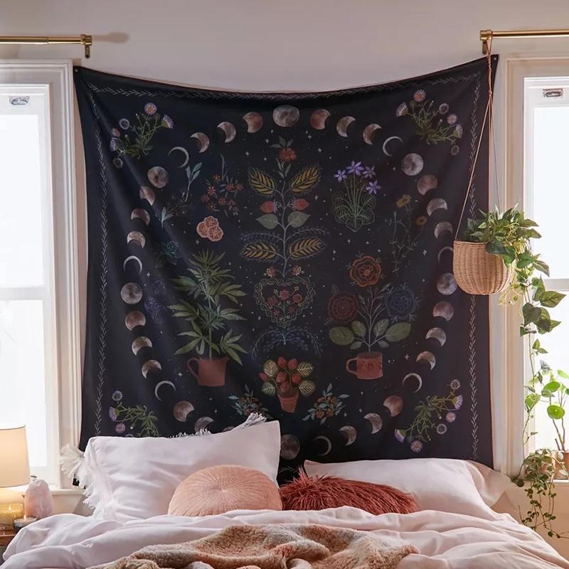 VIKAMA Bohemian Moon Phase Flower Tapestry Vintage Taro Style Wall Decoration Bedroom Living Room Sofa Background Wall Decor